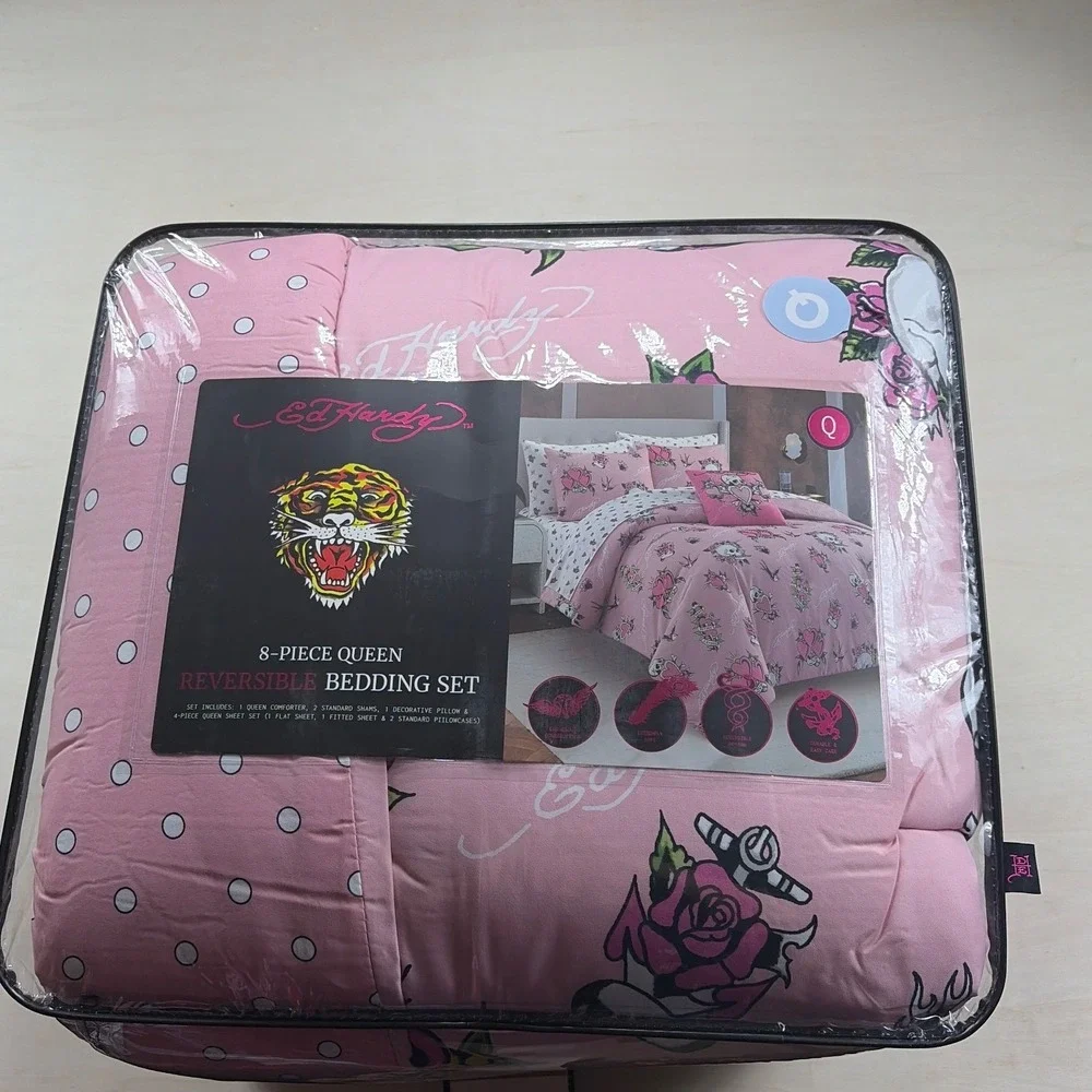 Ed Hardy Pink Tattoo Skull Heart 8 Piece Reversible Queen Bedding Comforter Set